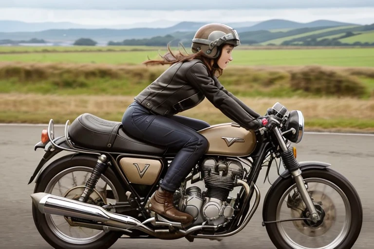 Vintage Bike、victory、Isle of Man Race、(A young female rider is sprinting on a motorcycle)、Leather Jumper、Cronwell Helmet、With goggles、 after rain、British countryside、