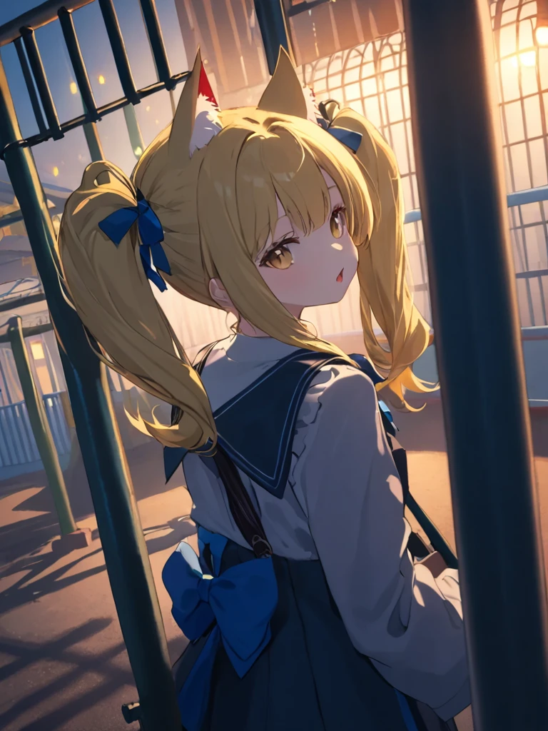 Pure,  1 Girl, high quality, 最high quality, figure, masterpiece,  very detailed on playground equipment,  very detailed on playground equipment,  young girl ,Cat ears and twin tails , Blonde Drill Hair, masterpiece, best quality, extremely detailed, anime, Blonde hair, high contrast, moody light , army lighting , blue ribbon, odango hair or drill hair, vampire,  steampunk,  embarrassed look, Back Alley, メイド風のvampireの衣装