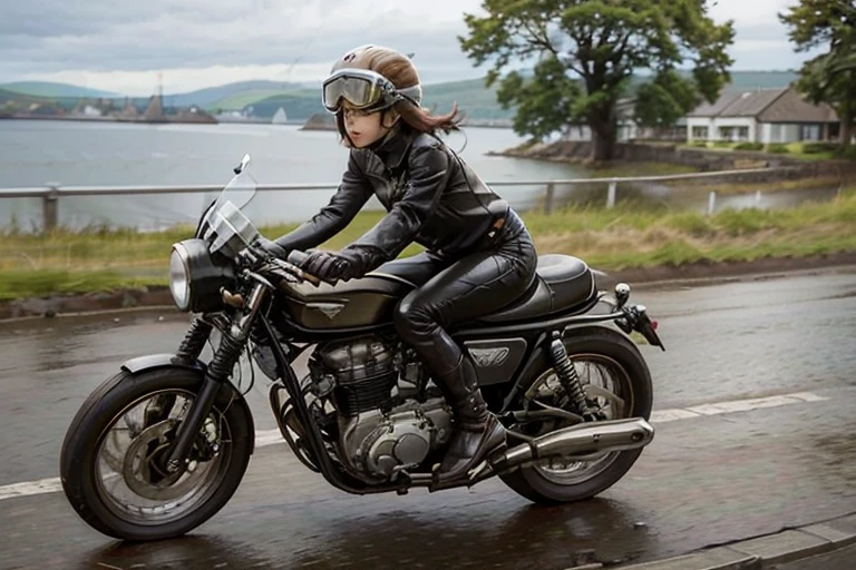 Vintage Bike、victory、Isle of Man Race、(A young female rider is sprinting on a motorcycle)、Leather Jumper、Cronwell Helmet、With goggles、 after rain、British countryside、