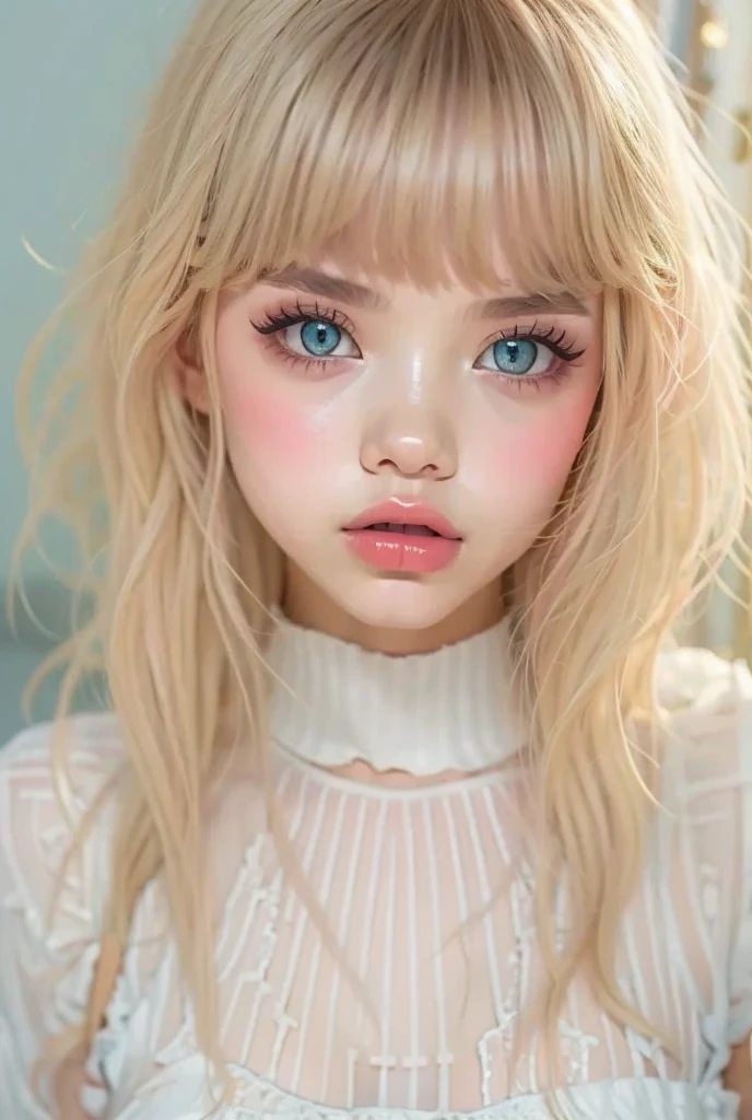   detailed portrait of a  girl piercing blue eyes with thick eyelashes , Super detailed,  photorealistic ,  perfect face, Front View, thick eyelash piercing blue eyes ,  Real Skin,  pink medium length hair with bangs  ,  white high waisted pleated skirt  , Indoor Settings, White Room Background, Natural Light, Soft Shadows,  Cozy and relaxed vibe 