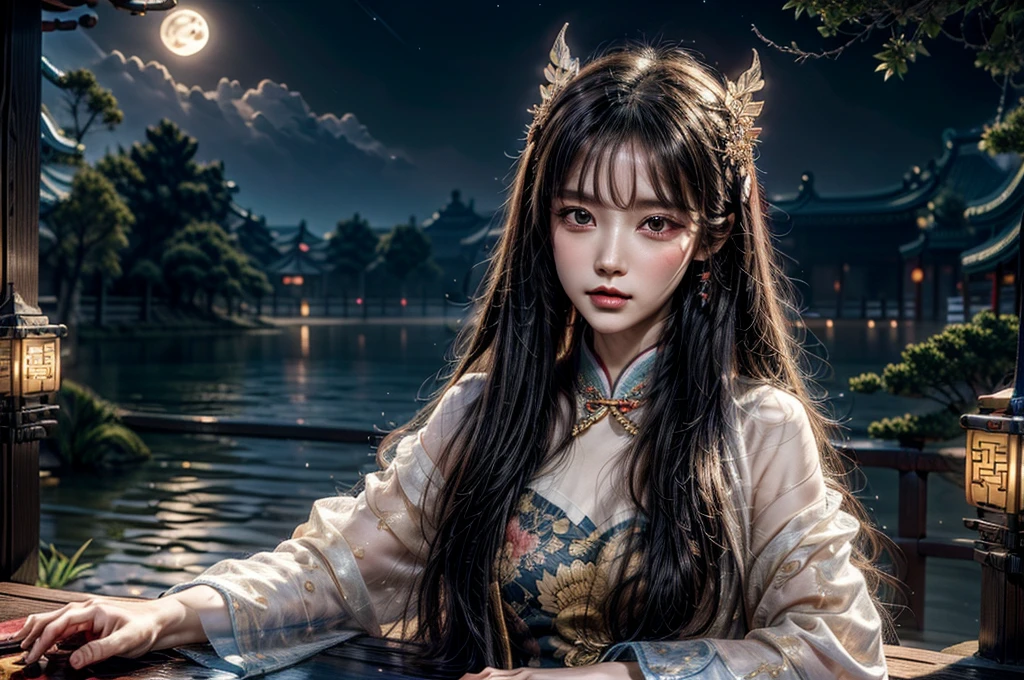 Masterpiece, best quality, outdoor, night, full moon, lakeside, branches, 1 man, mature man, Chinese style, ancient China, black hair, black eyes, forked hair, long hair, long bangs, handsome, handsome, masculine, gentle, tall, calm, black and gold mixed clothing, gold pattern, dragon pattern, prince, multiple girls, miniature girls, mischievous fae minigirls, ((traditional Chinese fairy)), playful spirits, extra detailed, complex and hyperdetailed setting 