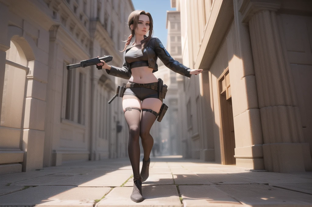  a woman in a black blouse holding a gun and a gun, video game character, Lara Croft, portrait of Lara Croft, tomb raider linda, 3 D Render Character Art 8 K,  full body photos , Lara Croft medieval, women full body,  female full body ,  captures in the game 3D rendering , video game character art, Videogame Avatar, videogame character, game character