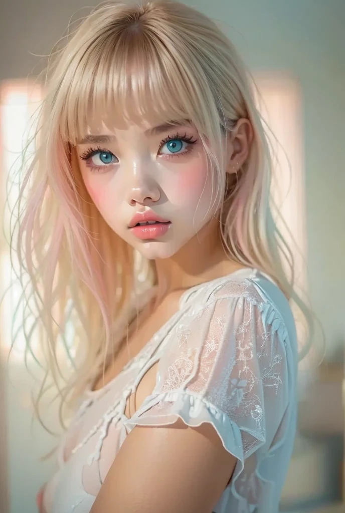   detailed portrait of a teenage girl piercing blue eyes with thick eyelashes , Super detailed,  photorealistic ,  perfect face, Front View, thick eyelash piercing blue eyes ,  Real Skin,  pink medium length hair with bangs  ,  white high waisted pleated skirt  , Indoor Settings, White Room Background, Natural Light, Soft Shadows,  Cozy and relaxed vibe 