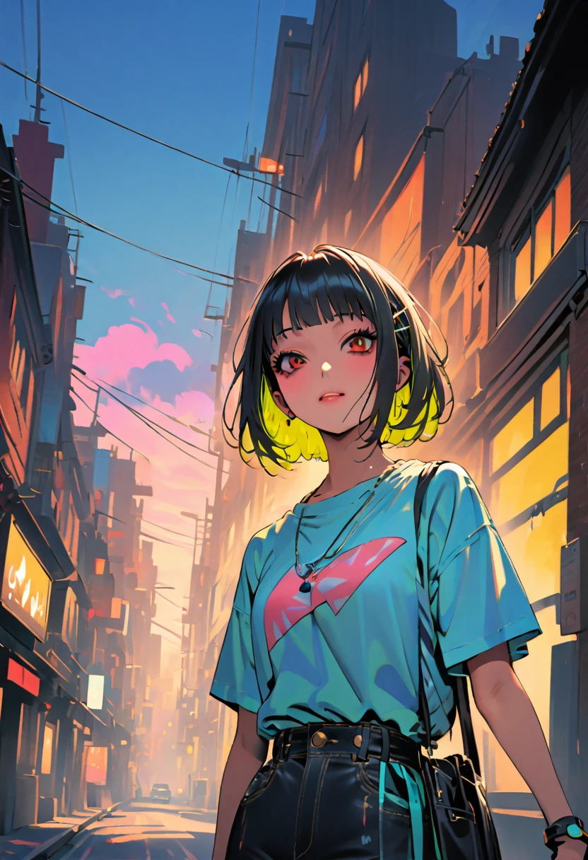 (Highest quality:1.2, City Pop Style, Very detailed, up to date, Vibrant, High Contrast, masterpiece:1.2, Highest quality, Best aesthetics), girl, ((Face Up Shot:1.4)), Colorful Hair, Bobcut, pastel colour, 1980s style, ((Retro, Vintage, Plain background))((HIMIKO TOGA))