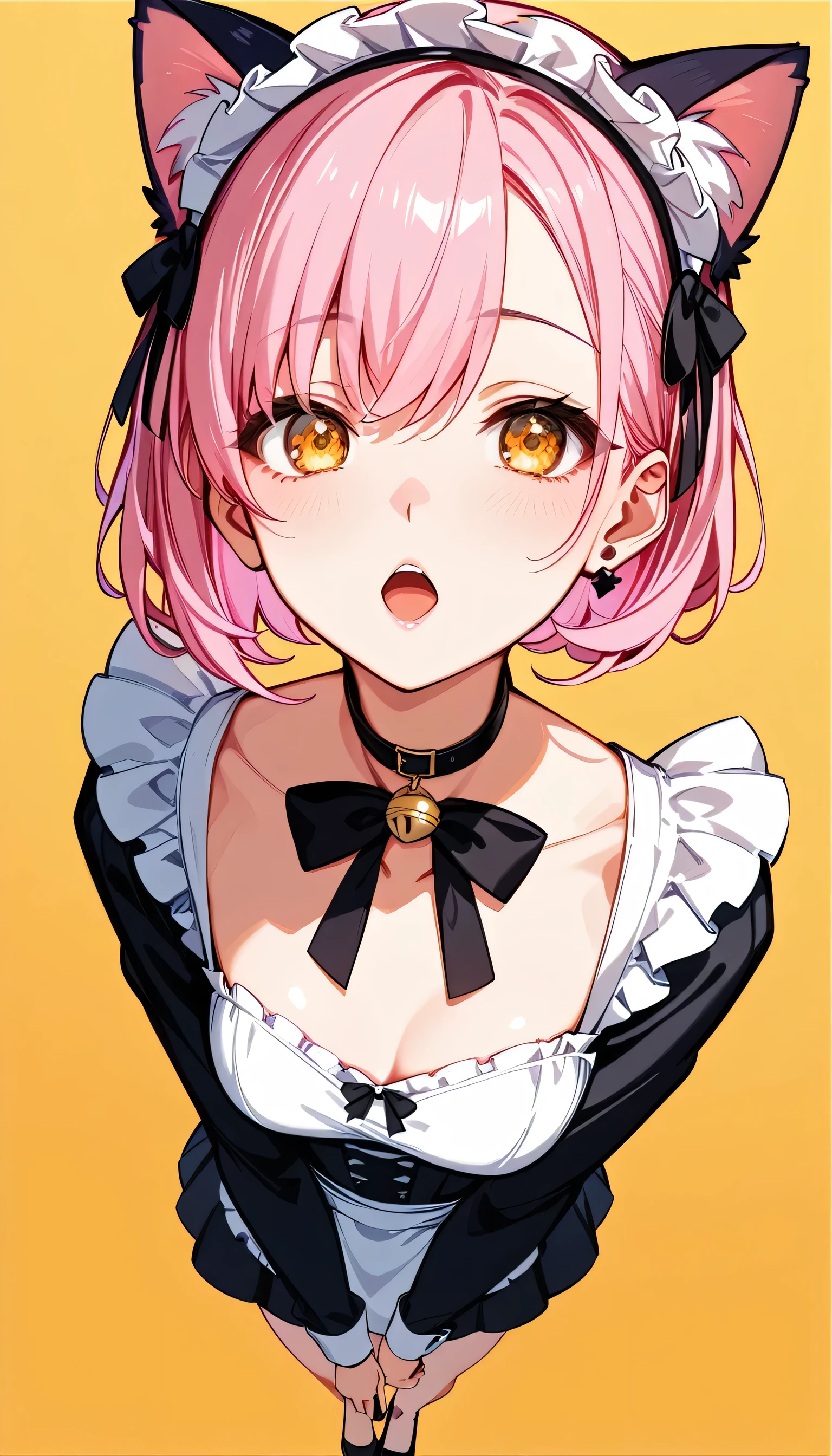  High image quality 、high quality、 one girl playing pranks、 pink hair、 short haired 、 golden eyes、small cleavage 、 short stature 、 simple background、Fisheye Lens、Shooting from above、 girl looking at camera 、 face up 、Looking up、 High Heels 、Cat ears、 maid clothes、 choker with small black ribbon