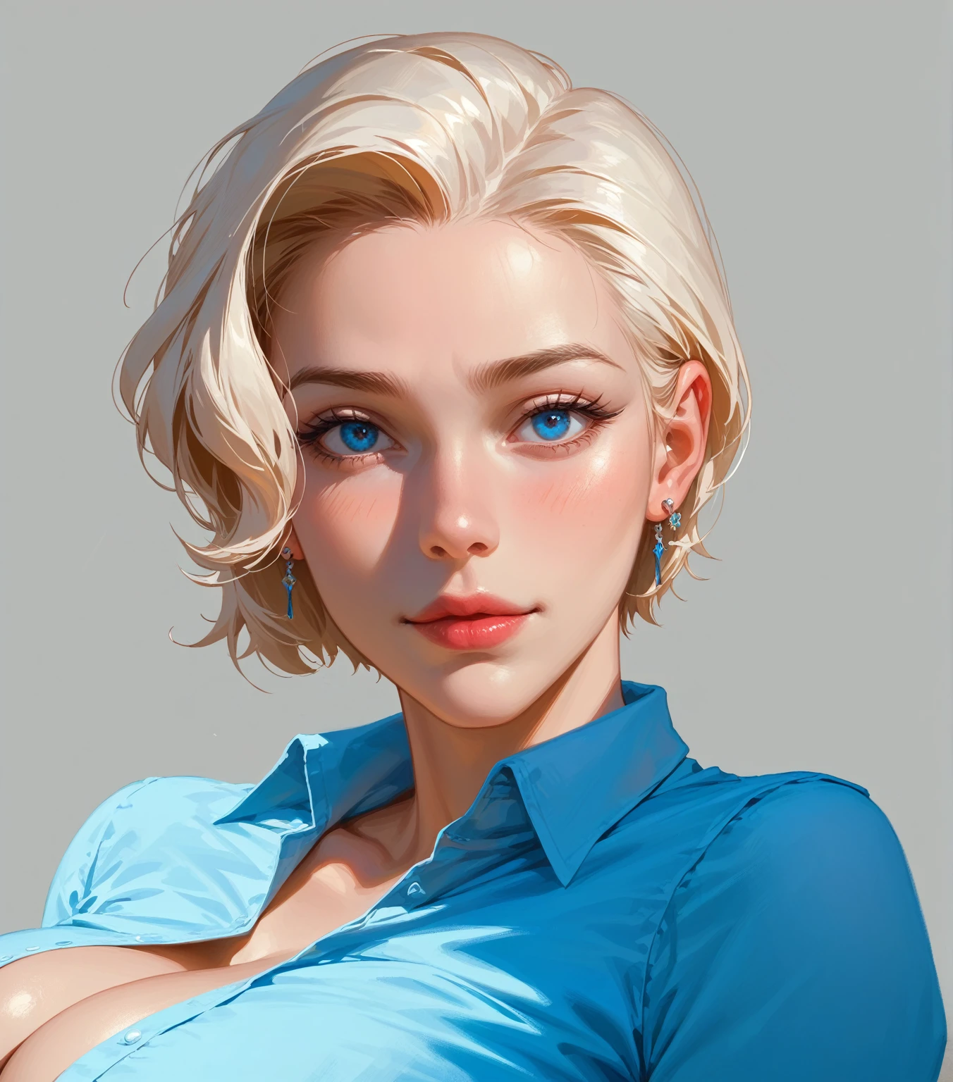 ((((masterpiece, best quality, high resolution)))), perfect body, sexy, best quality, clear quality, high quality, 4K, 8k, Girl with short hair, white hair,  blue eyes , earrings, в  sexy й позе, с slopeом, slopeяется к зрителю,  to full height , sexy, beautiful, adult face, very grown up, slopeена, legs,  at full height, inviting ,  sexy , slopeена в перед. открывая cleavage. seducing , hentai. cleavage,  rests on a stand, slope, с slopeом в низ