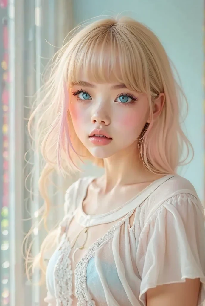   detailed portrait of a teenage girl piercing blue eyes with thick eyelashes , Super detailed,  photorealistic ,  perfect face, Front View, thick eyelash piercing blue eyes ,  Real Skin,  pink medium length hair with bangs  ,  white high waisted pleated skirt  , Indoor Settings, White Room Background, Natural Light, Soft Shadows,  Cozy and relaxed vibe 