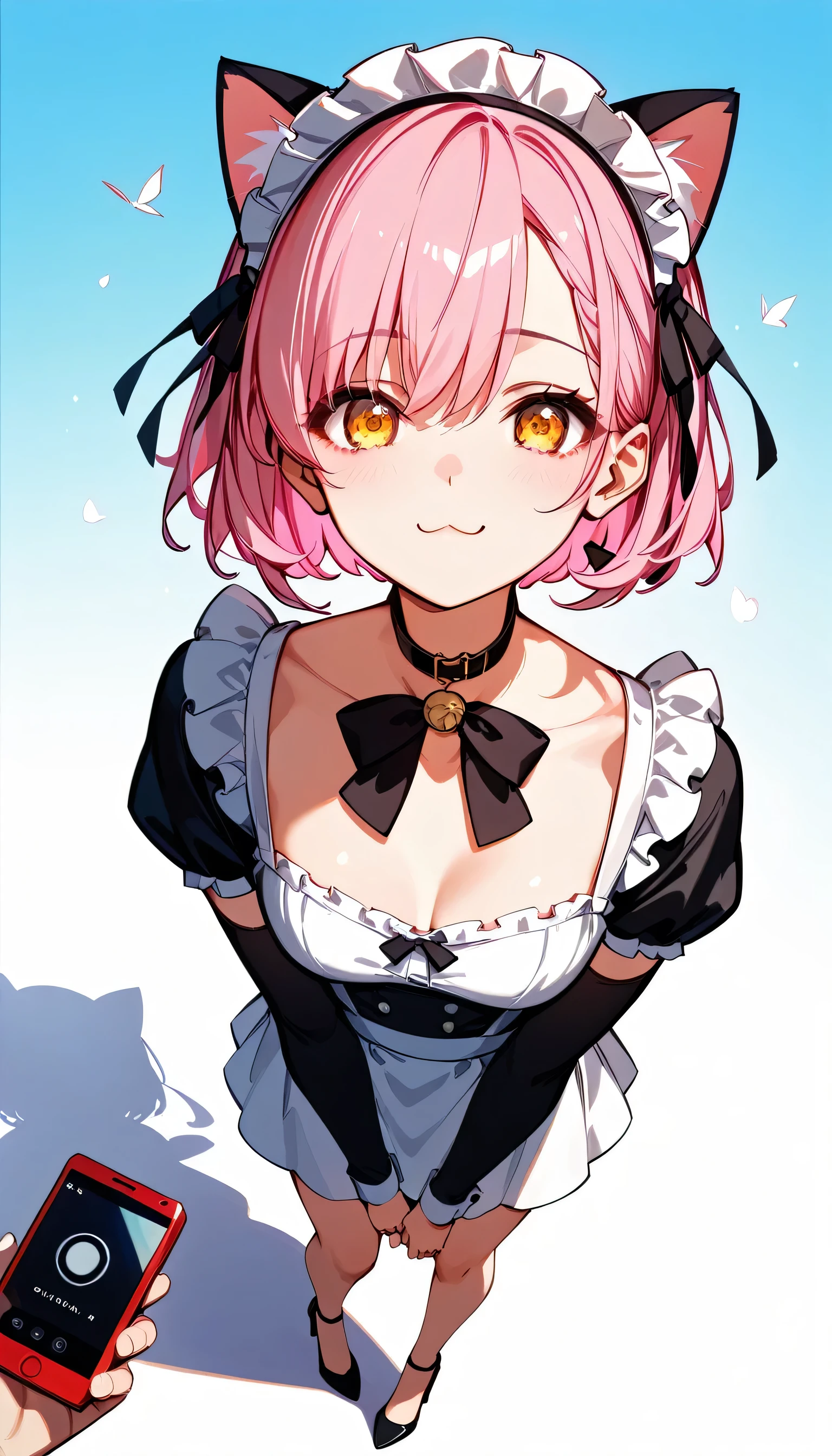  High image quality 、high quality、 one girl playing pranks、 pink hair、 short haired 、 golden eyes、small cleavage 、 short stature 、 simple background、Fisheye Lens、Shooting from above、 girl looking at camera 、 face up 、Looking up、 High Heels 、Cat ears、 maid clothes、 choker with small black ribbon、Red cheeks