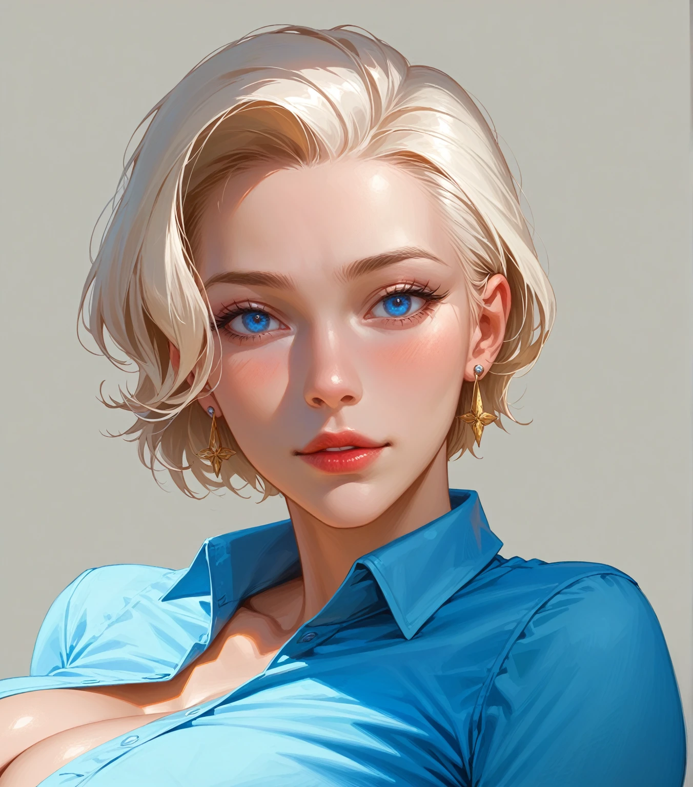 ((((masterpiece, best quality, high resolution)))), perfect body, sexy, best quality, clear quality, high quality, 4K, 8k, Girl with short hair, white hair,  blue eyes , earrings, в  sexy й позе, с slopeом, slopeяется к зрителю,  to full height , sexy, beautiful, adult face, very grown up, slopeена, legs,  at full height, inviting ,  sexy , slopeена в перед. открывая cleavage. seducing , hentai. cleavage,  rests on a stand, slope, с slopeом в низ