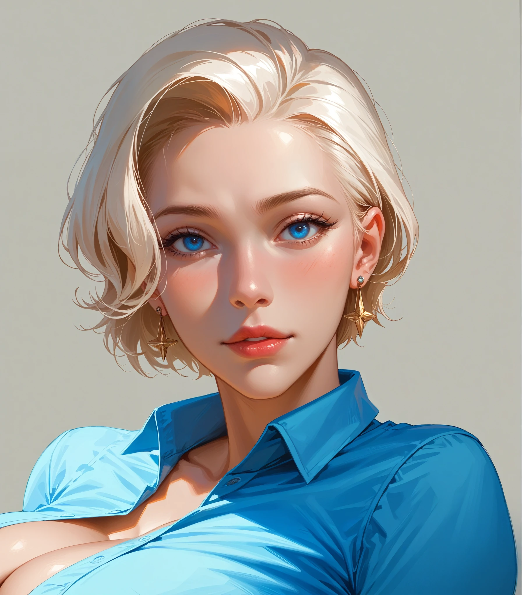 ((((masterpiece, best quality, high resolution)))), perfect body, sexy, best quality, clear quality, high quality, 4K, 8k, Girl with short hair, white hair,  blue eyes , earrings, в  sexy й позе, с slopeом, slopeяется к зрителю,  to full height , sexy, beautiful, adult face, very grown up, slopeена, legs,  at full height, inviting ,  sexy , slopeена в перед. открывая cleavage. seducing , hentai. cleavage,  rests on a stand, slope, с slopeом в низ