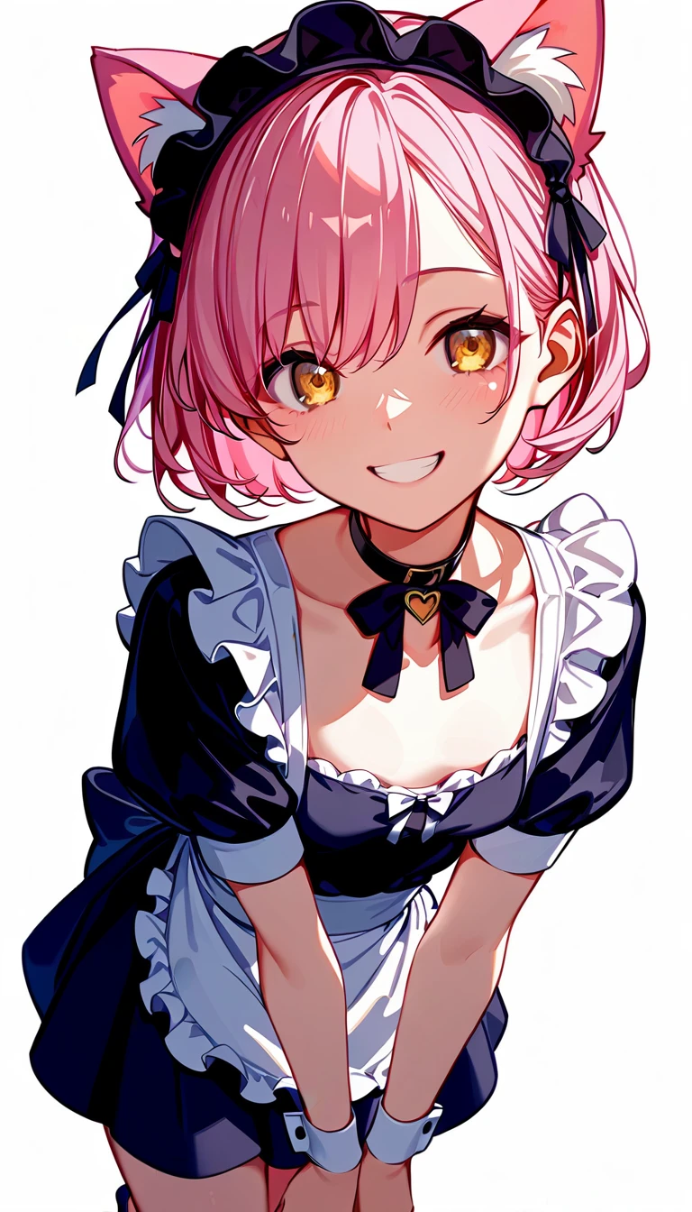  High image quality 、high quality、 one girl playing pranks、 pink hair、 short haired 、 golden eyes、Small breasts、 cleavage、 short stature 、 simple background、Fisheye Lens、Shooting from above、 girl looking at camera 、 face up 、Looking up、Cheeks turn red、 in a gym uniform、smile、 High Heels 、Cat ears、 maid clothes、 choker with small black ribbon