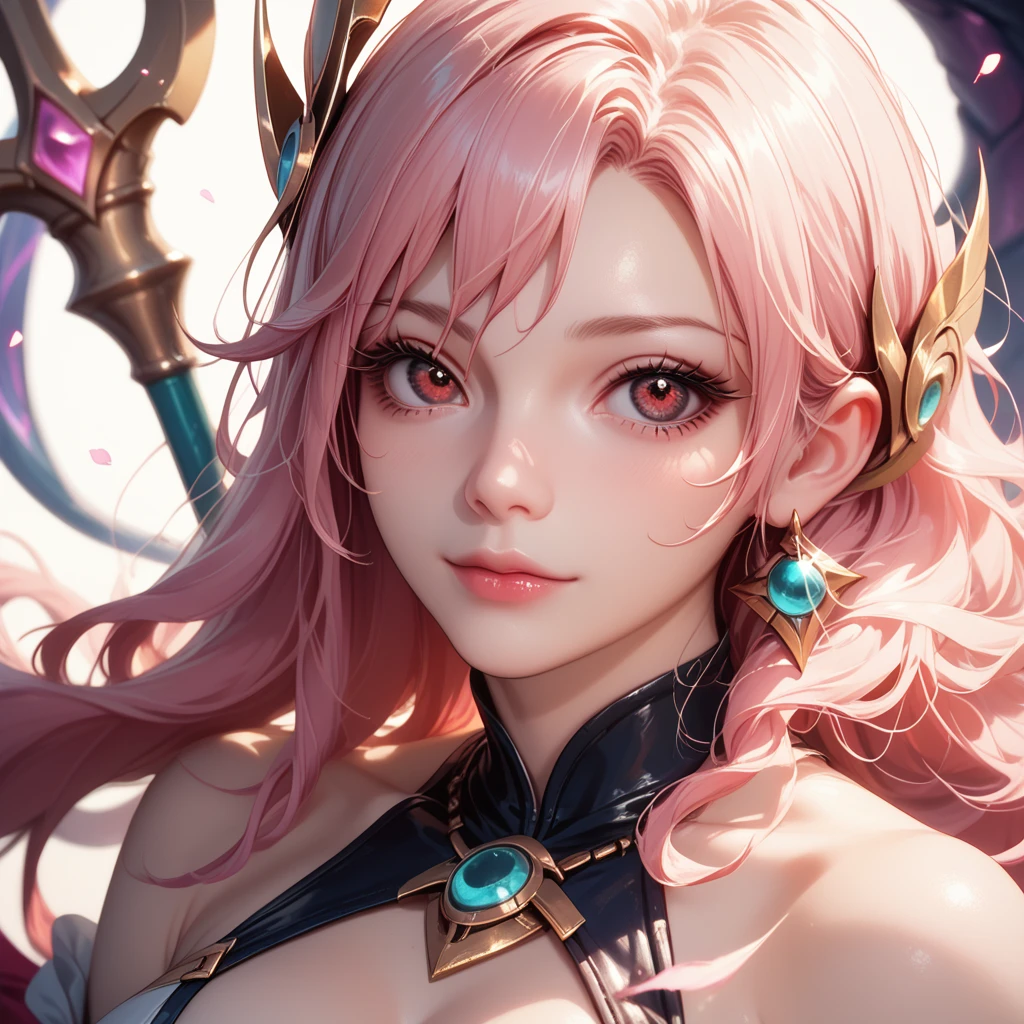 (Coven nami from league of legends)1woman with black tentacle bottom, pale white skin, black sclera red eyes, pale gold jewelry, looking at viewer, solo, pale pink long straight hair, tight white and red bodysuit with cutouts and pale gold details, holding a golden trident, showing cleavage