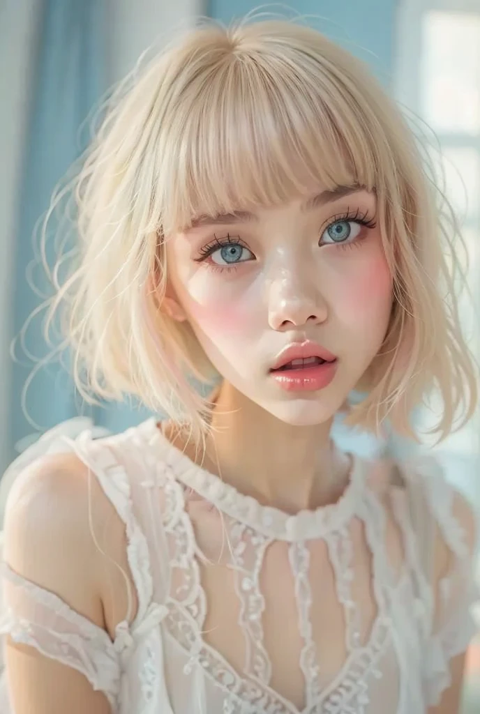   detailed portrait of a teenage girl piercing blue eyes with thick eyelashes , Super detailed,  photorealistic ,  perfect face, Front View, thick eyelash piercing blue eyes ,  Real Skin,  pink medium length hair with bangs  ,  white high waisted pleated skirt  , Indoor Settings, White Room Background, Natural Light, Soft Shadows,  Cozy and relaxed vibe 