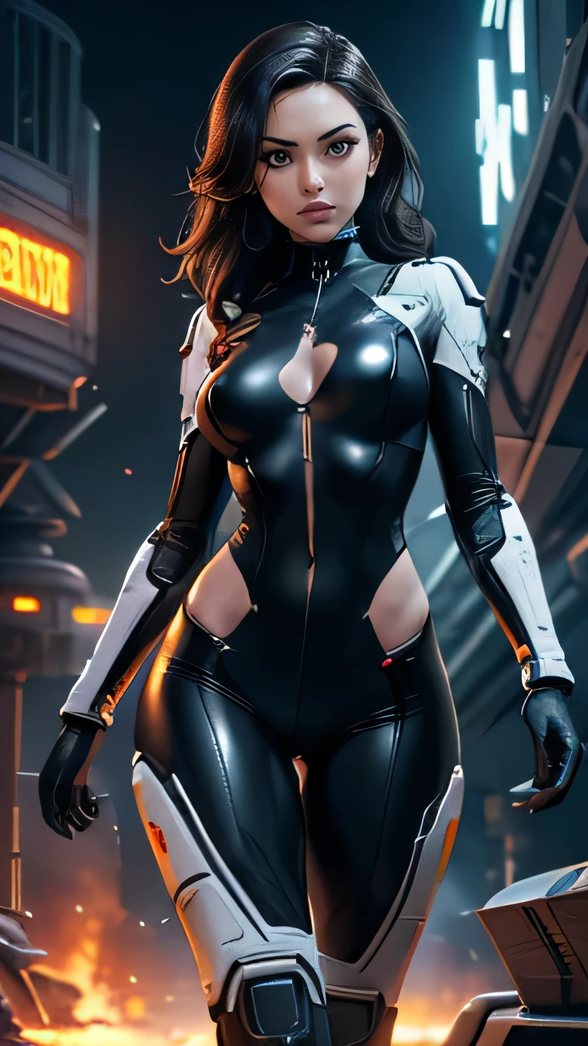 (cell shaded artstyle from Borderlands+) Young cute girl, black hair, violet eyes, white pristine skin, sci-fi spaceship background, hot woman, sexy face, full body, solo, Long Hair, High Resolution, Breasts, Blush, Black Hair, Large breasts, violet Eyes, Closed Mouth, black body suit sci-fi, Caucasian, middle-eastern, nord, torso and face, busty voluptuous, lab, science, poison, chemicals, black bodysuit clothing, violet iris, sleek, pristine, 4K, 8K, clean, cute, young, teen, black clothes, beautiful woman, picture-perfect face, flawless, clean, masterpiece, professional artwork, famous artwork, cinematic lighting, cinematic bloom, super realistic 8K, Perfect, clean , masterpiece, Professional artwork, famous artwork, face perfect, looking into the camera, detailed eyebrows, (hourglass body:1.3), ultra detailed, best illustrated, showing off, seductive_pose, sexy eyes,full-body_portrait, Character concept, character art, Character portrait, tmasterpiece, beste-Qualit, best resolution, 8K. extreme focus, sharp details, sexy, oily skin, sexy, naughty, dynamic pose, woman from future, wearing robotics uniform, debris buildings, futuristic, female figure in a white sci-fi suit, at the spaceport, against the background of a sci-fi ship taking off, overcast, third-person view from below, lots of fine detail, sci-fi movie style, photography, natural textures, natural blur, photorealism, medium closeup shot, cinematic rendering, highest detail, Blur Effect, Long Exposure, 8K, Ultra-HD, Natural Lighting,