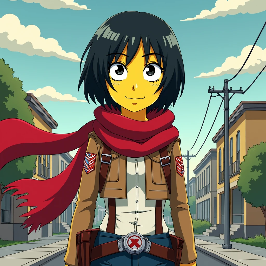 Mikasa in Simpsons style with her red scarf