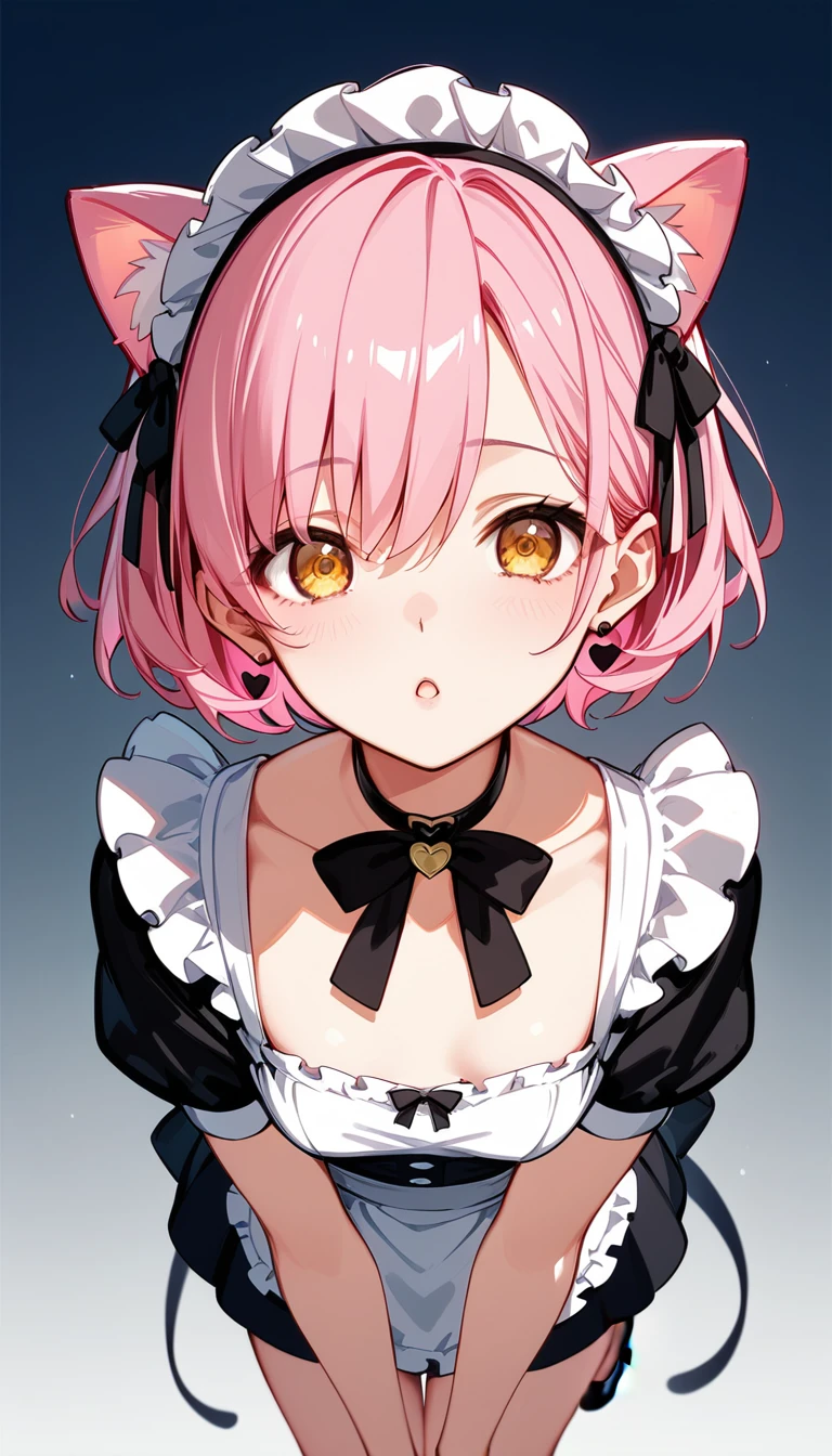  High image quality 、high quality、 one girl playing pranks、 pink hair、 short haired 、 golden eyes、Small breasts、 cleavage、 simple background、Fisheye Lens、Shooting from above、 girl looking at camera 、 face up 、Looking up、 High Heels 、Cat ears、 maid clothes、 choker with small black ribbon