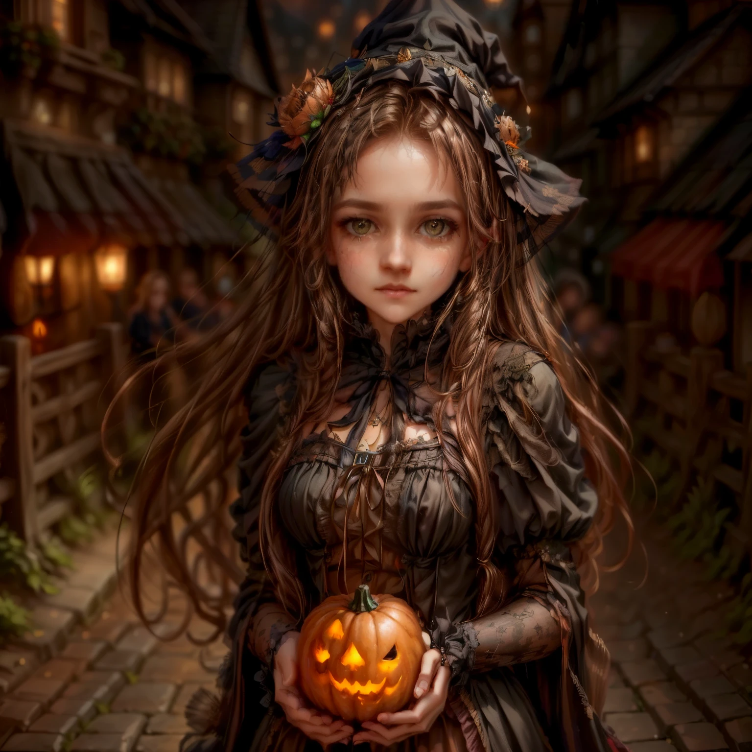  cute pumpkin queen, highly detailed face, beautiful detailed eyes, beautiful detailed lips, extremely detailed face, long eyelashes, pumpkin costume, pumpkin followers holding lanterns, city street at night, skyscrapers, street lamps, moon, fog, spooky atmosphere, cinematic lighting, vibrant colors, 8k, photorealistic, concept art. european pumpkin queen, cute pumpkin queen, a girl  in a witch costume holding a pumpkin in a street, the style of wlop, portrait of a young witch girl, classical witch, fantasy art style, artwork in the style of guweiz, dark fantasy style art, inspired by WLOP, portrait of a young witch, wlop |, in style of wlop, witch girl