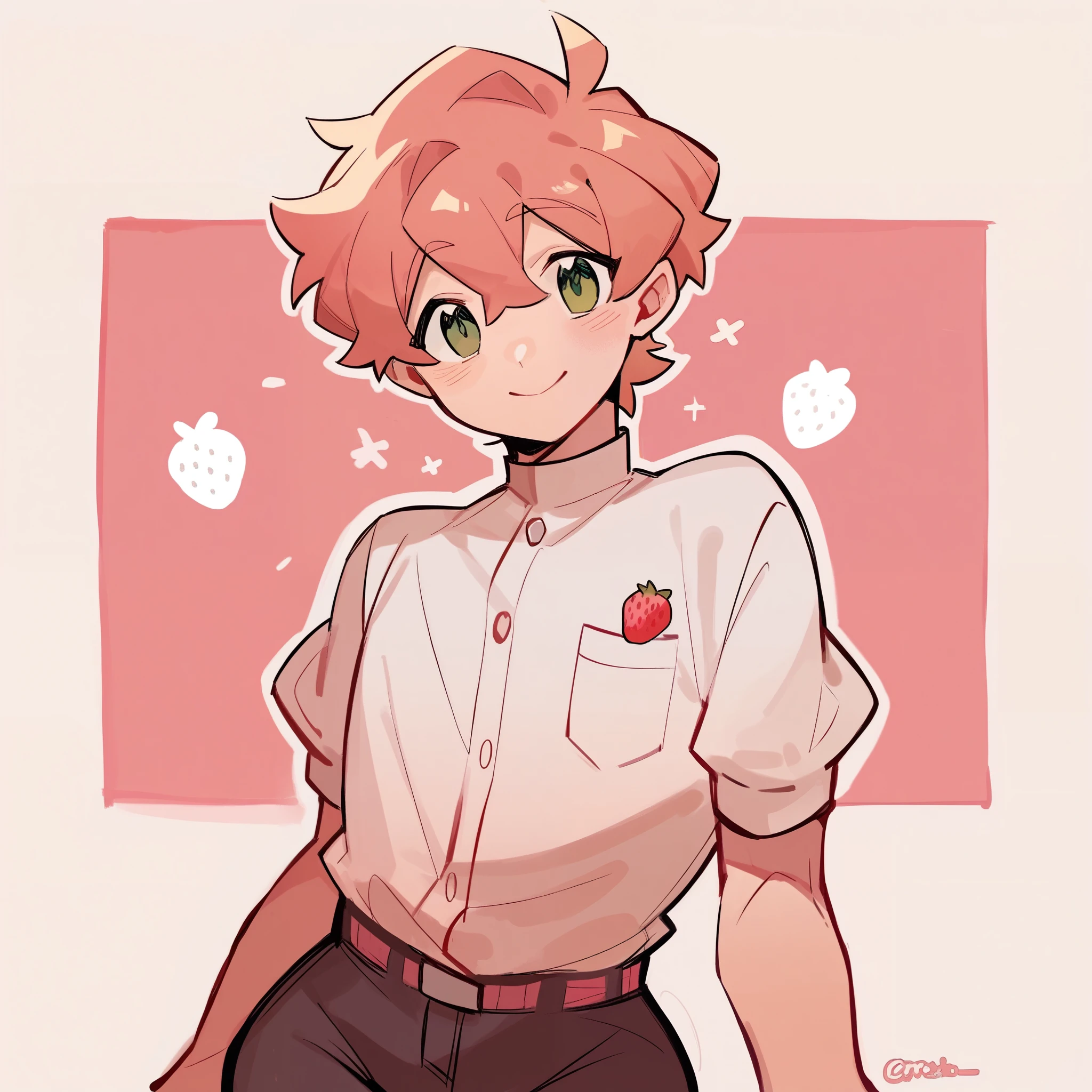 , wide hips, strawberry blonde hair, green eyes, wide hips, profile picture, smiling, cute background, wearing cute outfit