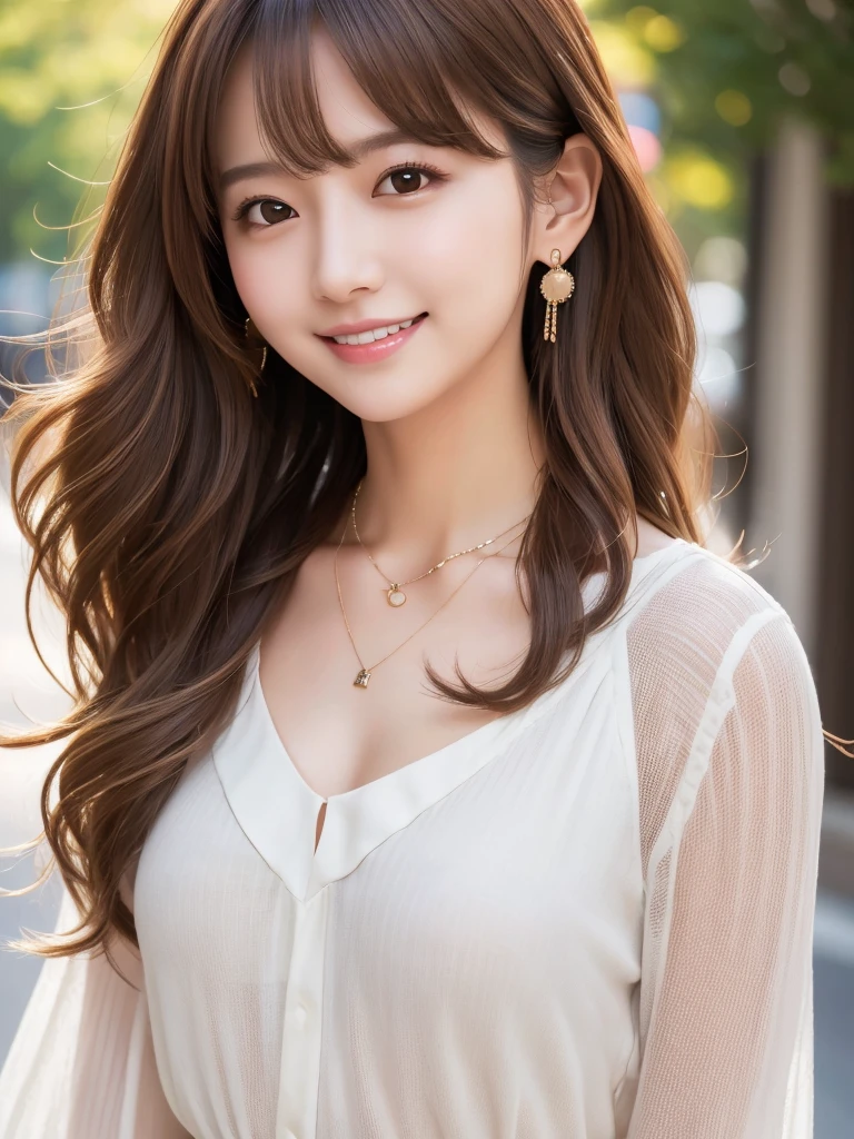  ultra high resolution,  Superior Quality, Best Quality, Advanced Details, Realistic, 8k,  RAW Photos, Best Quality, masterpiece,  attractive girl, Awesome girl, Light brown hair,  Wavy Hair,  long hairstyles ,  mesh hair,  Japanese Idols, Ear Piercing, Necklace around the neck, ( white blouse), smile, ((Full Body:1.2)),