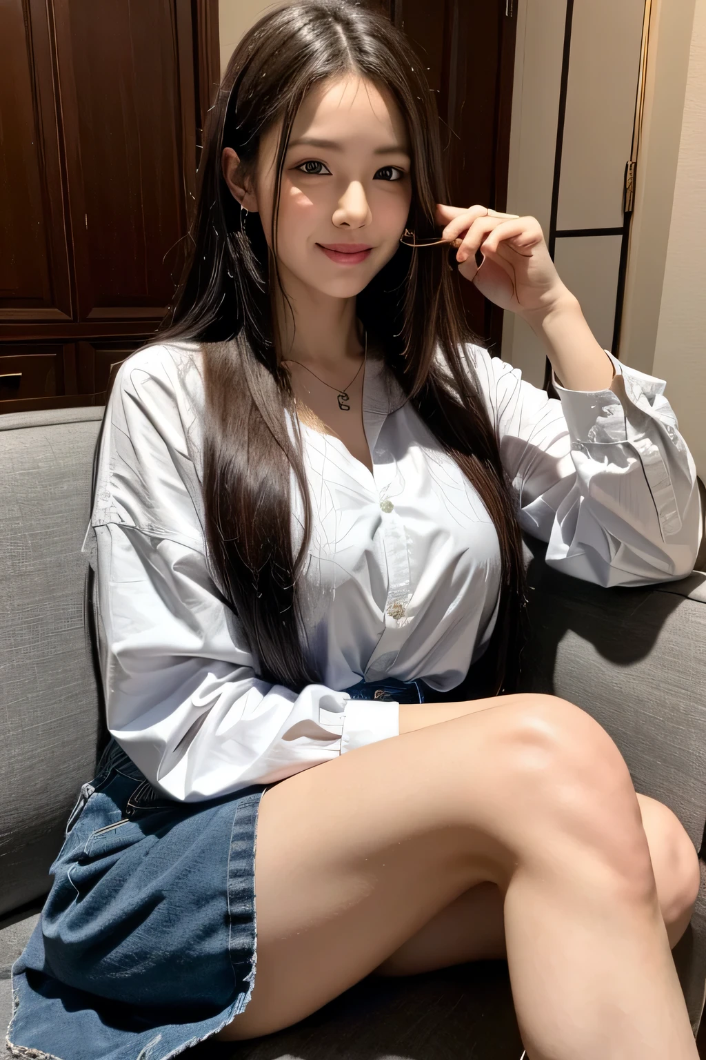 8K, HDR, Realistic, high resolution, 1women, solo, hips up, look at viewer, hands on breast, (detailed face), modelling, brunette hair, long hair, loose oversized shirt, jewelry, belly tattoo, seductive smile, seductive flirty looks,sitting on her knees, drinking coke