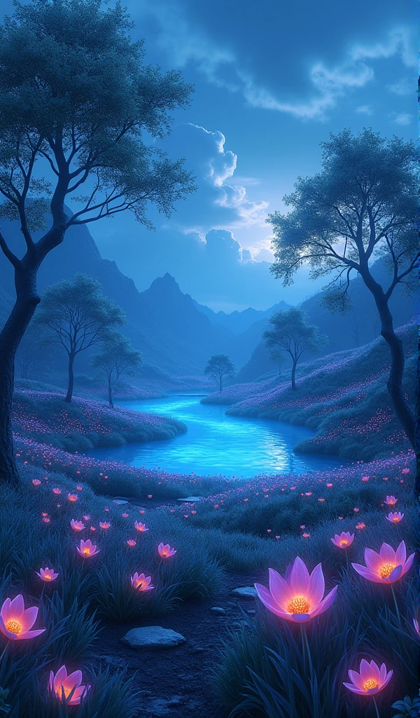 ANIME STYLE:
**Prompt:**  A vast meadow covered with soft green grass ,  dotted with bioluminescent flowers that emit a subtle and ethereal glow in shades of blue and purple,  giving the scene a magical and surreal atmosphere .  In the center of the prairie ,  a crystalline lake reflects the sky and the clouds ,  with calm waters that glow when receiving the light of the surrounding flowers . sparse trees,  with twisted trunks and foliage that varies between shades of green and silver , adorn the place , adding a sense of depth and mystery. IN THE SKY,  large and dense clouds float under a deep blue background ,  each with soft contours that seem to fall apart in a diffusing stamble effect ,  as if they were brushed on a painting .
Stamble diffuser . 
Ultra Detailed.
neon effects.
vibrant and strong cores.
