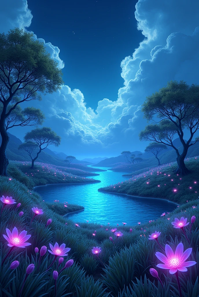 ANIME STYLE:
**Prompt:**  A vast meadow covered with soft green grass ,  dotted with bioluminescent flowers that emit a subtle and ethereal glow in shades of blue and purple,  giving the scene a magical and surreal atmosphere .  In the center of the prairie ,  a crystalline lake reflects the sky and the clouds ,  with calm waters that glow when receiving the light of the surrounding flowers . sparse trees,  with twisted trunks and foliage that varies between shades of green and silver , adorn the place , adding a sense of depth and mystery. IN THE SKY,  large and dense clouds float under a deep blue background ,  each with soft contours that seem to fall apart in a diffusing stamble effect ,  as if they were brushed on a painting .
Stamble diffuser . 
Ultra Detailed.
neon effects.
vibrant and strong cores.
