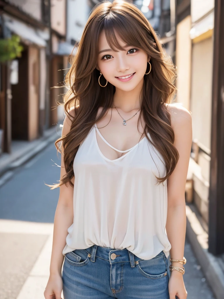  ultra high resolution,  Superior Quality, Best Quality, Advanced Details, Realistic, 8k,  RAW Photos, Best Quality, masterpiece,  attractive girl, Awesome girl, Light brown hair,  Wavy Hair,  long hairstyles ,  mesh hair,  Japanese Idols, Ear Piercing, Necklace around the neck, ( white tank top), smile, ((Full Body:1.2)),