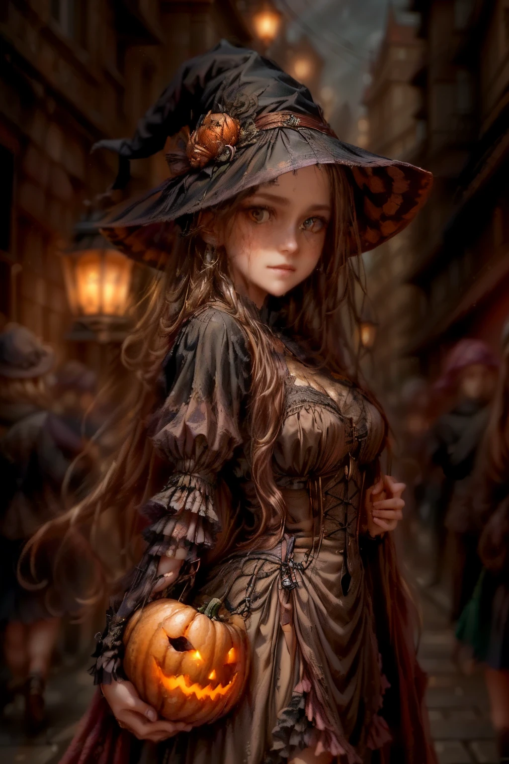  cute pumpkin queen, highly detailed face, beautiful detailed eyes, beautiful detailed lips, extremely detailed face, long eyelashes, pumpkin costume, pumpkin followers holding lanterns, city street at night, skyscrapers, street lamps, moon, fog, spooky atmosphere, cinematic lighting, vibrant colors, 8k, photorealistic, concept art. european pumpkin queen, cute pumpkin queen, a girl  in a witch costume holding a pumpkin in a street, the style of wlop, portrait of a young witch girl, classical witch, fantasy art style, artwork in the style of guweiz, dark fantasy style art, inspired by WLOP, portrait of a young witch, wlop |, in style of wlop, witch girl