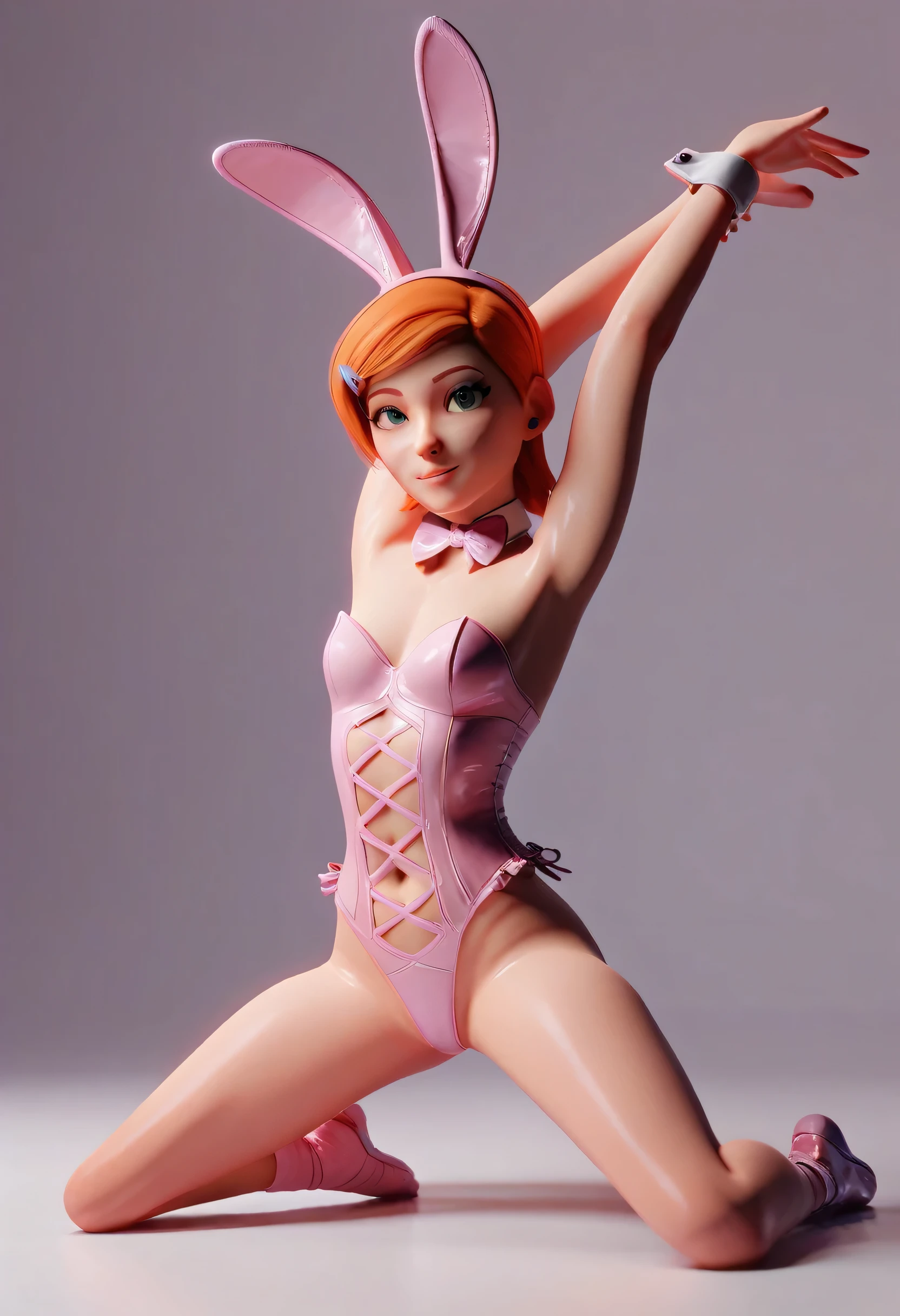 Gwendolyn, 3d, bunny cosplay, latex pink cute, yoga pose, boobs, lowered corset