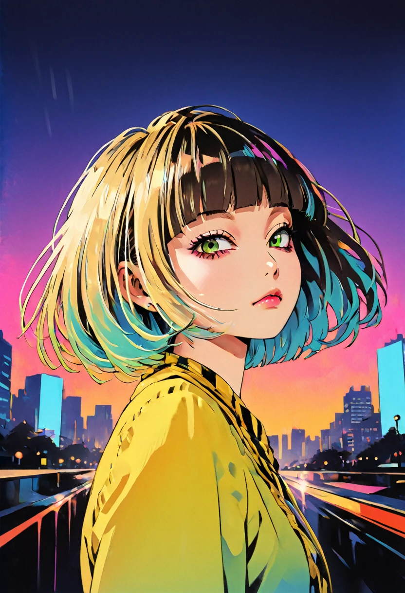 (Highest quality:1.2, City Pop Style, Very detailed, up to date, Vibrant, High Contrast, masterpiece:1.2, Highest quality, Best aesthetics), girl, ((Face Up Shot:1.4)), Colorful Hair, Bobcut, pastel colour, 1980s style, ((Retro, Vintage, Plain background))((HIMIKO TOGA))