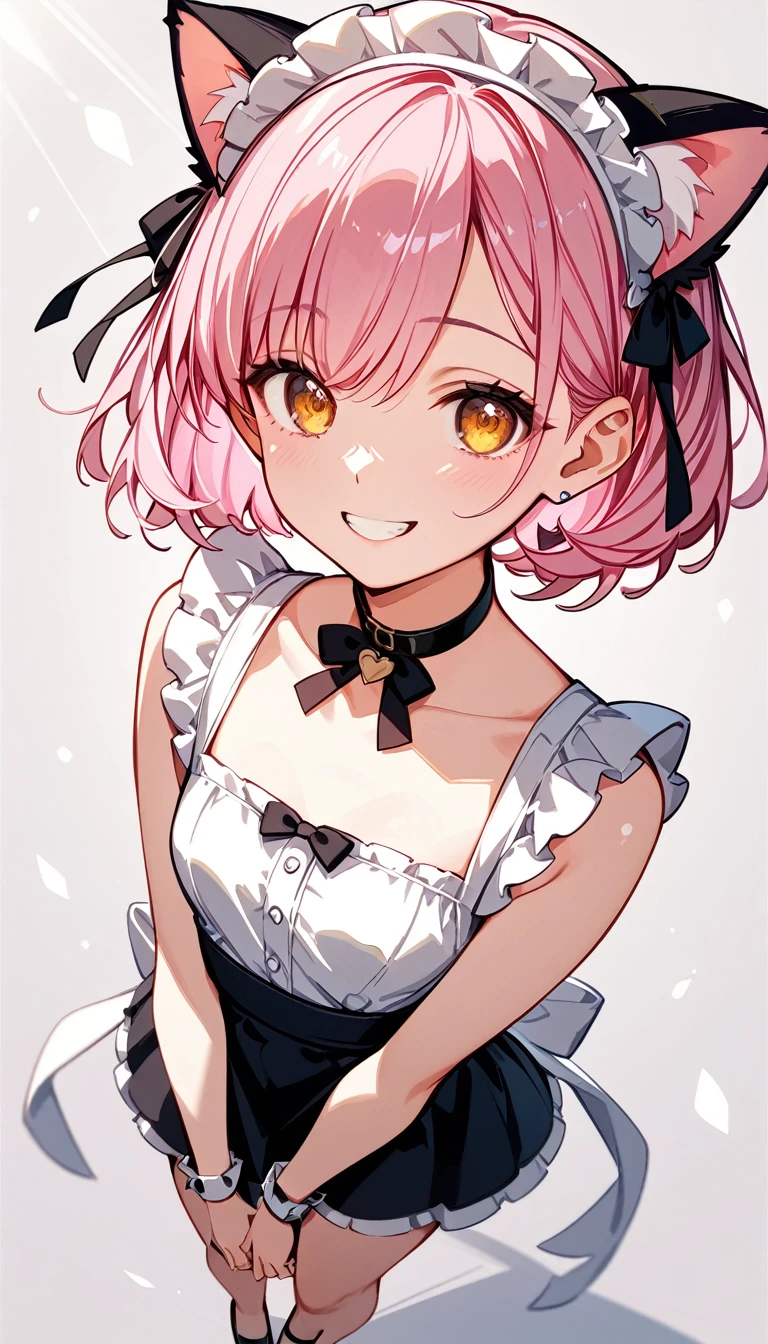  High image quality 、high quality、 one girl playing pranks、 pink hair、 short haired 、 golden eyes、Small breasts、 cleavage、 simple background、Fisheye Lens、Shooting from above、 girl looking at camera 、 face up 、Looking up、A smiling expression、 High Heels 、Cat ears、 maid clothes、 choker with small black ribbon