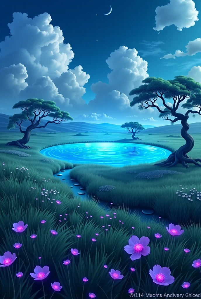 ANIME STYLE:
**Prompt:**  A vast meadow covered with soft green grass ,  dotted with bioluminescent flowers that emit a subtle and ethereal glow in shades of blue and purple,  giving the scene a magical and surreal atmosphere .  In the center of the prairie ,  a crystalline lake reflects the sky and the clouds ,  with calm waters that glow when receiving the light of the surrounding flowers . sparse trees,  with twisted trunks and foliage that varies between shades of green and silver , adorn the place , adding a sense of depth and mystery. IN THE SKY,  large and dense clouds float under a deep blue background ,  each with soft contours that seem to fall apart in a diffusing stamble effect ,  as if they were brushed on a painting .
Stamble diffuser . 
Ultra Detailed.
neon effects.
vibrant and strong cores.
