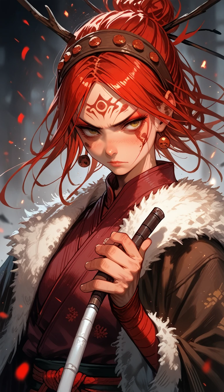 (score_9,score_8_up,score_7_up,score_6_up,score_5_up,score_4_up), Huntress girl holding a rifle in snow battle pose,oriental,Blade and Soul,ink style,long red hair,leather and fur coat,Cold,Artwork,3D,4K,Detailed,Realistic,hc, mythp0rt