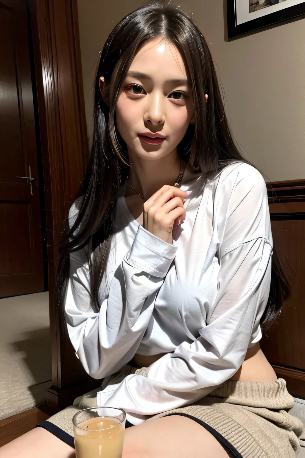 8K, HDR, Realistic, high resolution, 1women, solo, hips up, look at viewer, hands on breast, (detailed face), modelling, brunette hair, long hair, loose oversized shirt, jewelry, belly tattoo, seductive smile, seductive flirty looks,sitting on her knees, drinking fruit juice