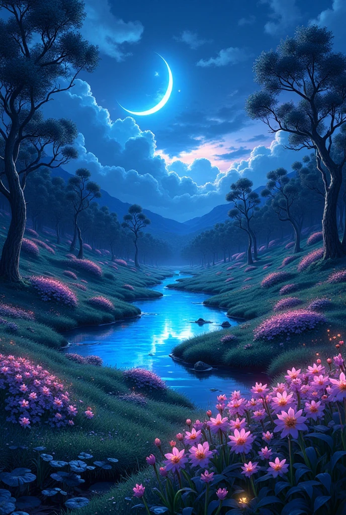 ANIME STYLE:
**Prompt:**  A vast meadow covered with soft green grass ,  dotted with bioluminescent flowers that emit a subtle and ethereal glow in shades of blue and purple,  giving the scene a magical and surreal atmosphere .  In the center of the prairie ,  a crystalline lake reflects the sky and the clouds ,  with calm waters that glow when receiving the light of the surrounding flowers . sparse trees,  with twisted trunks and foliage that varies between shades of green and silver , adorn the place , adding a sense of depth and mystery. IN THE SKY,  large and dense clouds float under a deep blue background ,  each with soft contours that seem to fall apart in a diffusing stamble effect ,  as if they were brushed on a painting .
Stamble diffuser . 
Ultra Detailed.
neon effects.
vibrant and strong cores.
