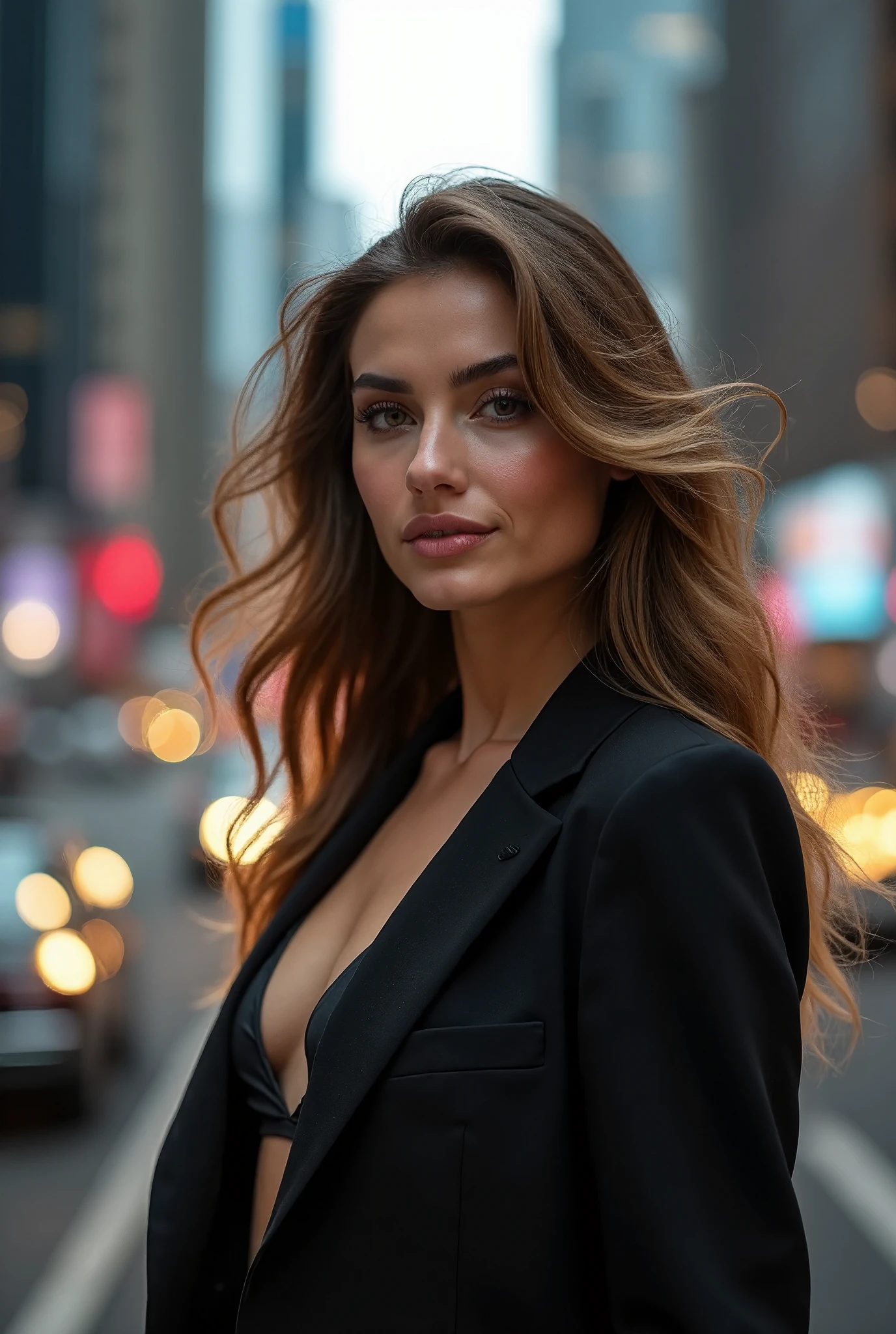 A captivating woman is in the heart of the city , exuding elegance and confidence . your long, fluid hair Capture city lights as they reflect off surrounding glass buildings. She wears a chic , modern clothing that perfectly complements Hegure , making her stand out amidst the urban scenery . Her eyes meet the viewer's eye with a warm , inviting expression , and a subtle smile shine on her lips . The bustling urban landscape , with its vibrant lights and imposing structures , contrasts beautifully with her calm imposing structures balanced behavior , creating an impressive visual of grace amidst urban energy