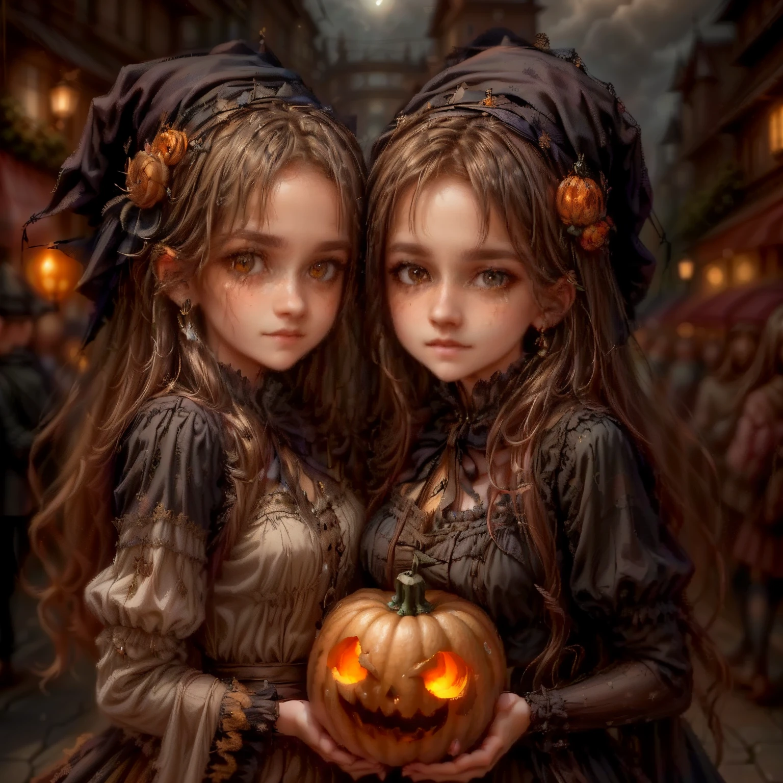  cute pumpkin queen, highly detailed face, beautiful detailed eyes, beautiful detailed lips, extremely detailed face, long eyelashes, pumpkin costume, pumpkin followers holding lanterns, city street at night, skyscrapers, street lamps, moon, fog, spooky atmosphere, cinematic lighting, vibrant colors, 8k, photorealistic, concept art. european pumpkin queen, cute pumpkin queen, a girl  in a witch costume holding a pumpkin in a street, the style of wlop, portrait of a young witch girl, classical witch, fantasy art style, artwork in the style of guweiz, dark fantasy style art, inspired by WLOP, portrait of a young witch, wlop |, in style of wlop, witch girl