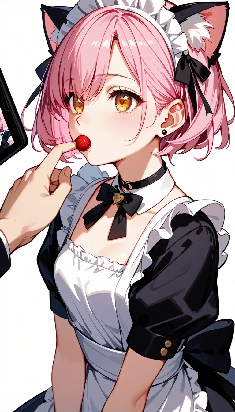  High image quality 、high quality、 one girl playing pranks、 pink hair、 short haired 、 golden eyes、Small breasts、 cleavage、 simple background、Fisheye Lens、Shooting from above、 girl looking at camera 、 face up 、Looking up、 High Heels 、Cat ears、 maid clothes、 choker with small black ribbon