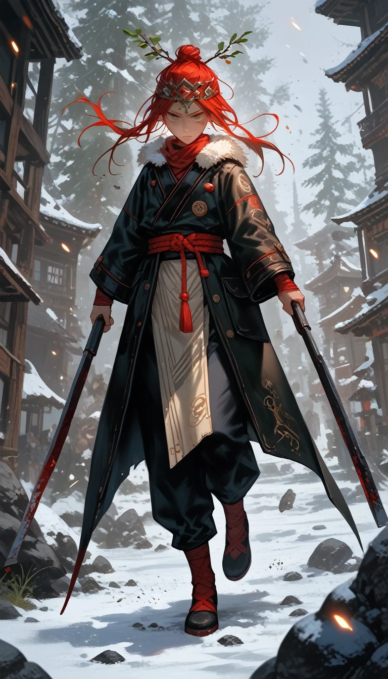 (score_9,score_8_up,score_7_up,score_6_up,score_5_up,score_4_up), full body shot, panoramic view,  Huntress girl holding a rifle in snow battle pose,oriental,Blade and Soul,ink style,long red hair,leather and fur coat,Cold,Artwork,3D,4K,Detailed,Realistic,hc, mythp0rt