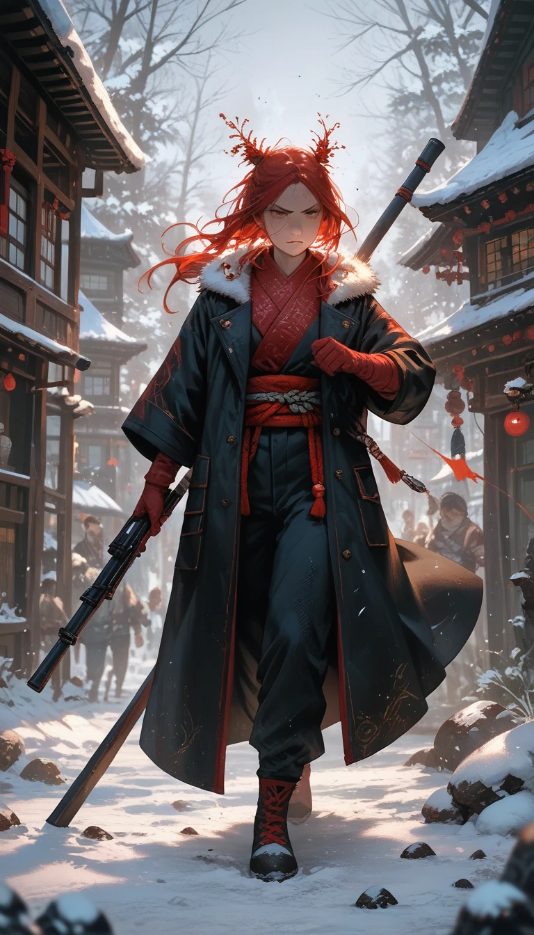 (score_9,score_8_up,score_7_up,score_6_up,score_5_up,score_4_up), full body shot, panoramic view,  Huntress girl holding a rifle in snow battle pose,oriental,Blade and Soul,ink style,long red hair,leather and fur coat,Cold,Artwork,3D,4K,Detailed,Realistic,hc, mythp0rt