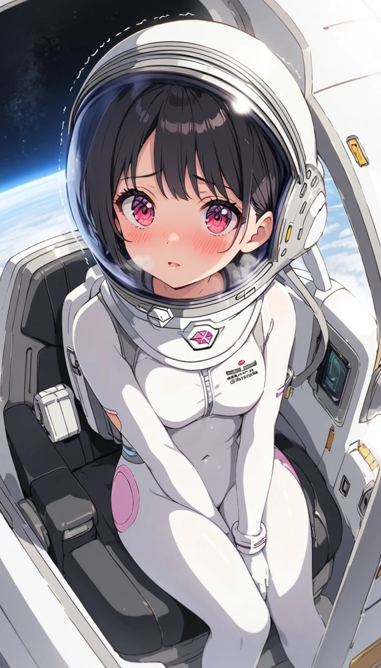 1人of女of子,Alone,short hair,(Space Suit:1.15), Black Hair Space Helmet ,whole body, indoor, masterpiece of the highest quality,  trembling, difficulty breathing, bodysuit,Lumine ,  Bubble Helmets , short hair,  backpack,gloves,blush,internal (cockpit) of (Futuristic spaceship:1.6), Sitting on narraw futuristic spacecraft cockpit seat, Covered navel, short hair