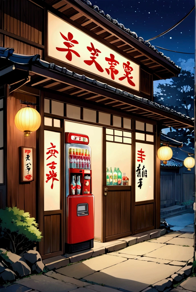 ** Prompt for Magical Scene in Japan :**

 A night scene an old neighborhood in Japan ,  where the clear sky is filled with stars ,  shining like small lanterns in the sky . in the center,  a very old convenience store with frayed wooden walls and a faded sign in Japanese characters.  The glass doors are a bit blurry ,  revealing an interior illuminated by lights warm and soft . 

 Next to the store ,  a modern and colorful soda machine contrasts with the vintage environment ,  its LED lights flashing blue and red ,  reflecting on the stone sidewalks .  Low street lamps cast a yellowish light ,  creating a cozy and nostalgic environment . At the entrance,  a small bell , attached to the door ,  wobbles slightly with the night breeze .  Some cherry leaves fall softly ,  completing the mystical and tranquil setting of this magical night .