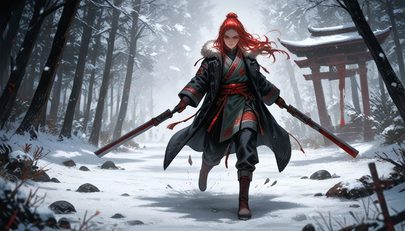 (score_9,score_8_up,score_7_up,score_6_up,score_5_up,score_4_up), full body shot, panoramic view,  Huntress girl holding a rifle in snow battle pose,oriental,Blade and Soul,ink style,long red hair,leather and fur coat,Cold,Artwork,3D,4K,Detailed,Realistic,hc, mythp0rt