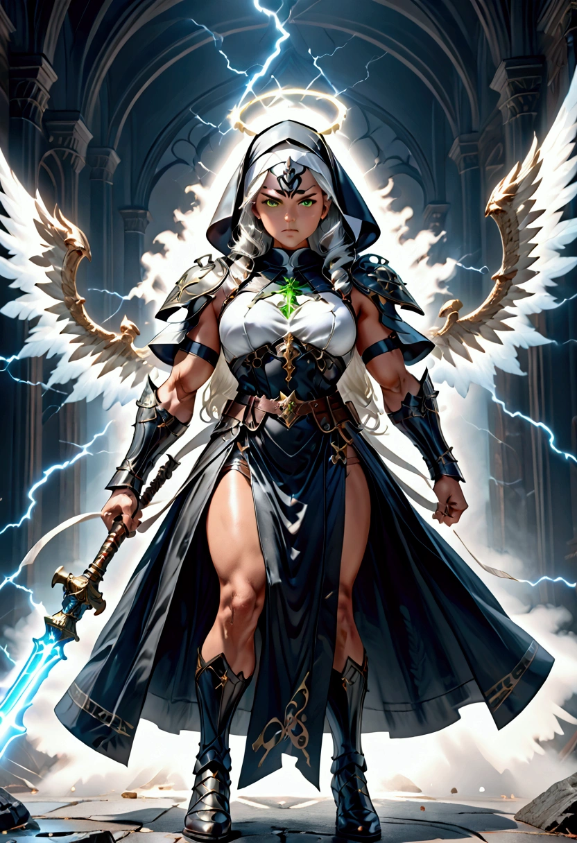 A muscular female nun, detailed facial features,detailed green eyes, armored blue valkyrie, angel wings, lightning mace, full-body, intricate details, epic scene, cinematic lighting, dramatic shadows, volumetric fog, highly detailed, photorealistic, 8k, sharp focus, studio lighting, physically-based rendering, vivid colors, concept art