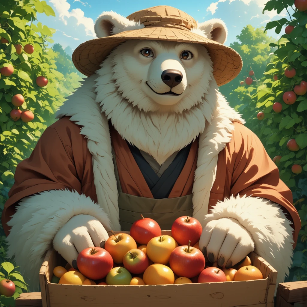 character focus, full body, looking away, dynamic angle, farmer, a musclegut middle-aged polar bear man, full body in Michelangelo Buonarroti style, housamo style, digital illustration anime, niji6, BREAK happy, little smile, working were clothes, straw hat, shirt, pants, sweet apple, harvesting fruits, dynamic pose, detailed painting landscape, morning, a grove of trees wordnet, tall sweet apple trees, outdoor, full color, HDR, BREAK complete anatomy, perfect proportions, beautiful thigh gap, fluffy body, intricate fur details, beautiful fur texture, BREAK (a detailed polar bear 1tail), detailed toe, 5toes, 5toes nails, beautiful foot, detailed hands, 5fingers, 5fingers nails, BREAK anime face, insanity detailed face, male face, big face, square jawline, anime intense eyes, detailed brown eyes, detailed brown cornea, detailed dark brown irises, detailed pupils, male eyes, male eyebrows, beautiful beard, BREAK masterpiece, official art, best quality, very aesthetic, absurdres, super fine illustration, great quality, BREAK noise reduction, very highres, large filesize, high quality, 32K, 8k wallpaper, dynamic lighting, BREAK insanity detailed, ultra detailed, intricate details, extremely detailed, detailed texture, an extremely delicate and beautiful, BREAK e621 illustration, osukemo, kemohomo, anthropomorphic, furry, harmonious body, pastoral face, virtuous eyes, harvesting atmosphere