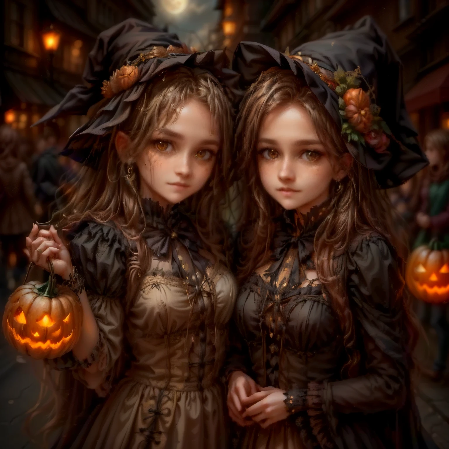  cute pumpkin queen, highly detailed face, beautiful detailed eyes, beautiful detailed lips, extremely detailed face, long eyelashes, pumpkin costume, pumpkin followers holding lanterns, city street at night, skyscrapers, street lamps, moon, fog, spooky atmosphere, cinematic lighting, vibrant colors, 8k, photorealistic, concept art. european pumpkin queen, cute pumpkin queen, a girl  in a witch costume holding a pumpkin in a street, the style of wlop, portrait of a young witch girl, classical witch, fantasy art style, artwork in the style of guweiz, dark fantasy style art, inspired by WLOP, portrait of a young witch, wlop |, in style of wlop, witch girl