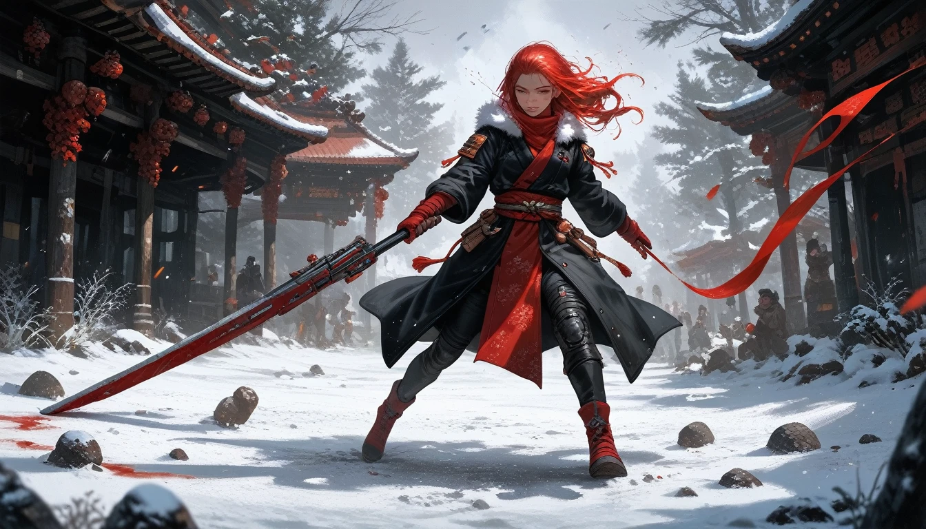 (score_9,score_8_up,score_7_up,score_6_up,score_5_up,score_4_up), full body shot, panoramic view,  Huntress girl holding a rifle in snow battle pose,oriental,Blade and Soul,ink style,long red hair,leather and fur coat,Cold,Artwork,3D,4K,Detailed,Realistic, mythp0rt, Expressiveh