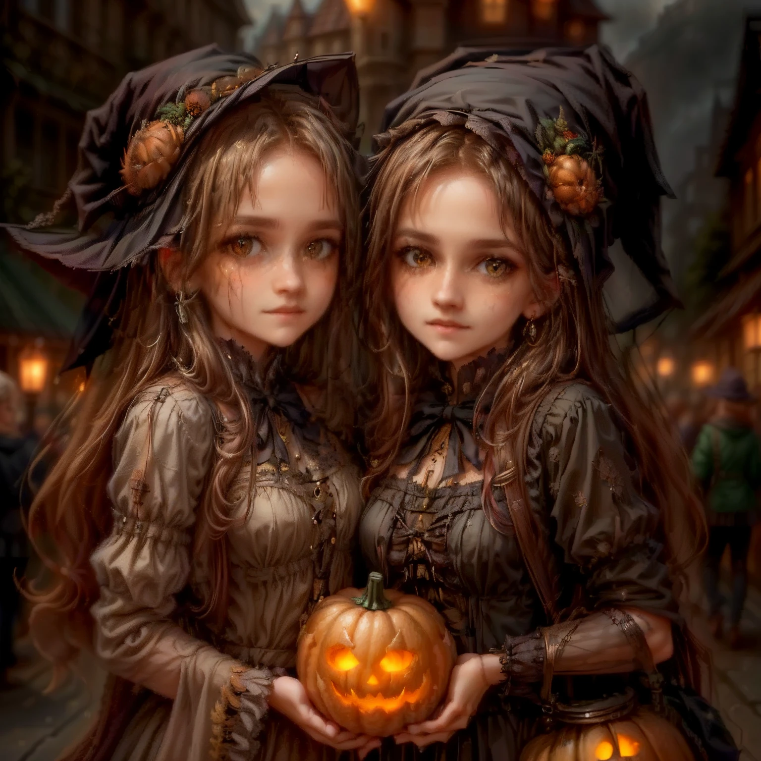  cute pumpkin queen, highly detailed face, beautiful detailed eyes, beautiful detailed lips, extremely detailed face, long eyelashes, pumpkin costume, pumpkin followers holding lanterns, city street at night, skyscrapers, street lamps, moon, fog, spooky atmosphere, cinematic lighting, vibrant colors, 8k, photorealistic, concept art. european pumpkin queen, cute pumpkin queen, a girl  in a witch costume holding a pumpkin in a street, the style of wlop, portrait of a young witch girl, classical witch, fantasy art style, artwork in the style of guweiz, dark fantasy style art, inspired by WLOP, portrait of a young witch, wlop |, in style of wlop, witch girl