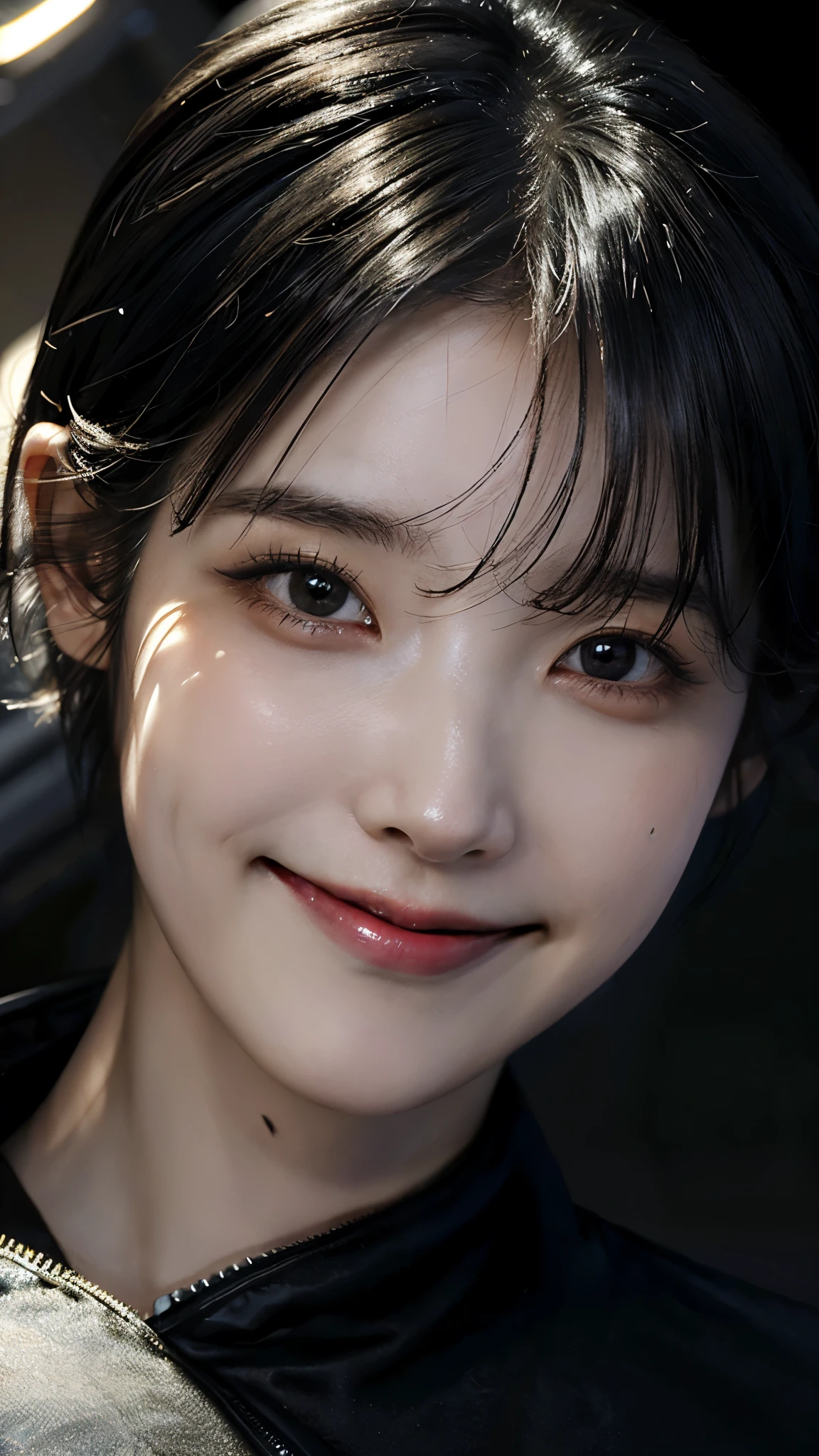 1 girl, tokyo street,night, cityscape,city lights, ((face close up:1.5)),((smile showing white teeth)),((jet black short hair))close, 8k, RAW photo, highest quality, masterpiece,realistic, photo-realistic