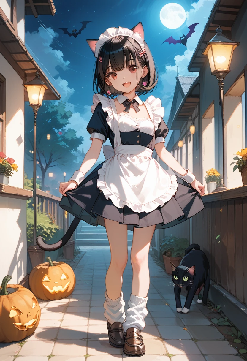 Score_9,Score_8_up,Score_7_up,highest quality anime,,masterpiece,1 girl,slim,small breasts,(Ideal slender proportions),(black_long_hair,straight_bangs,maid costume,cat ears,loose socks,loafers),happy Halloween night